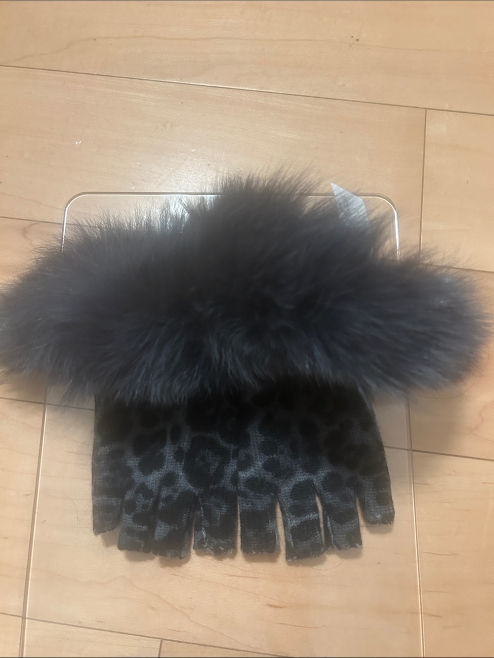 Neiman Marcus Cashmere Leopard-print Half-Finger Gloves with Fox Fur Cuffs.